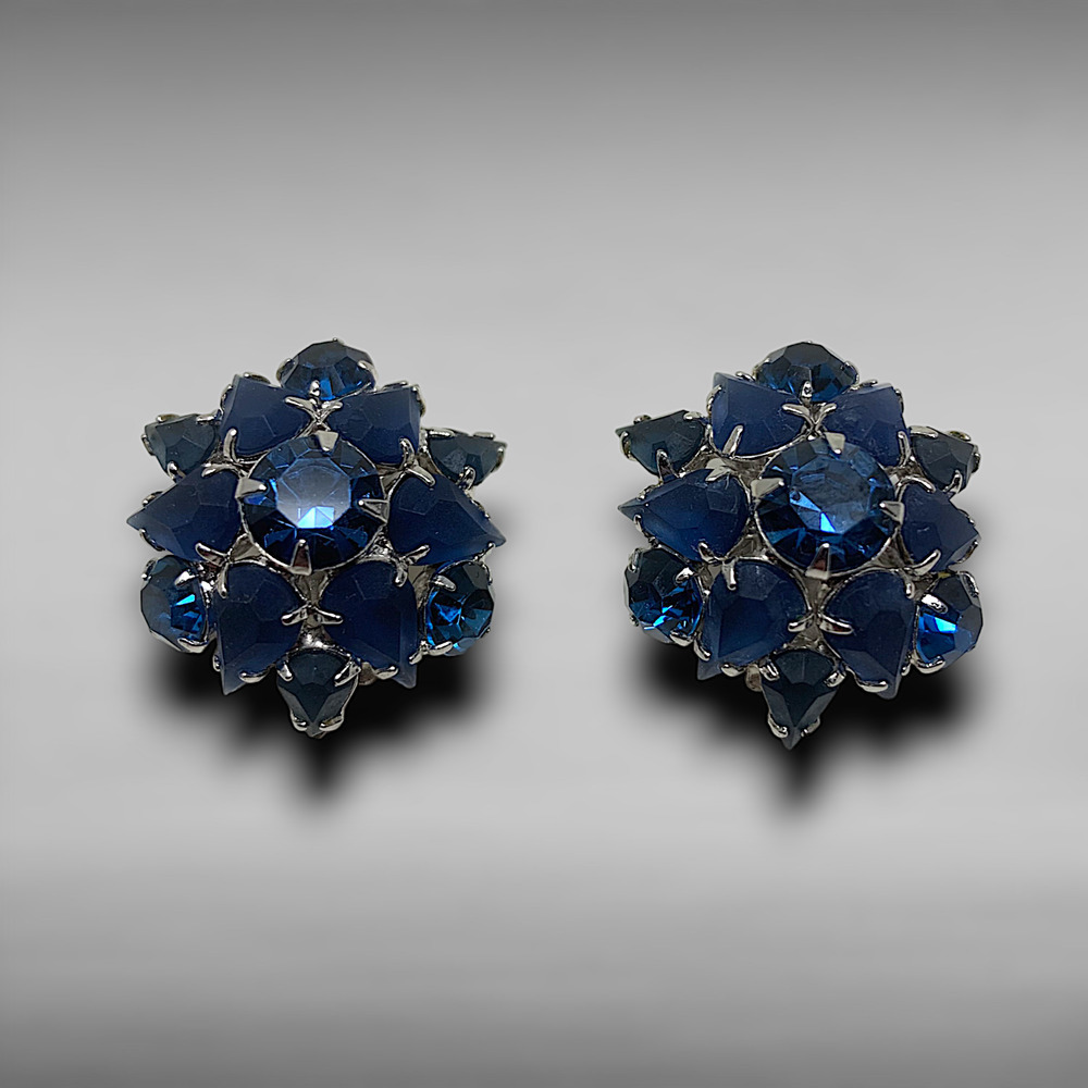 Vintage 1960's Blue Crystal Domed Cluster Clip On Earrings Runway Couture Carded